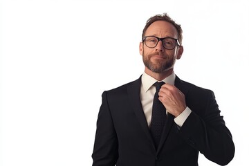 A man in a suit and tie is standing in front of a white background