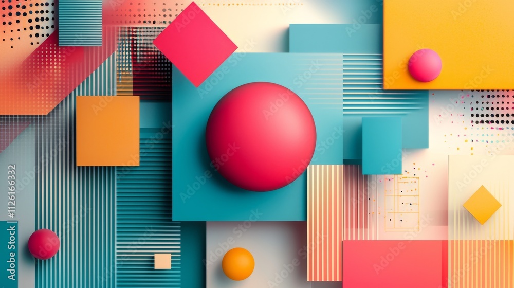 Poster A dynamic arrangement of geometric shapes in vivid colors forms an engaging abstract composition. Circles, squares, and lines intermingle, invoking a sense of playful creativity