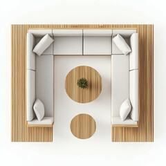 A modern outdoor seating arrangement with a circular table and wooden decking, featuring a minimalist design and neutral colors.