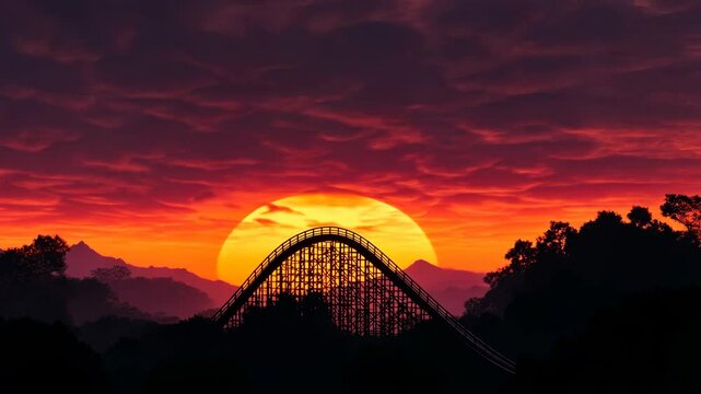 Giant rollercoaster emerging from beautiful sunset