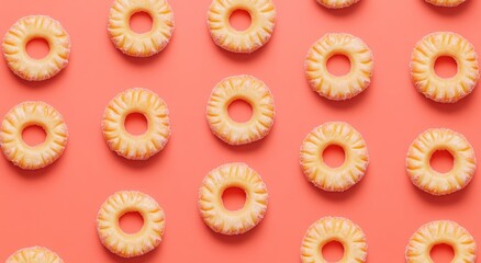 A vibrant arrangement of yellow donuts on a coral background.