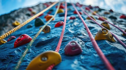 Close-Up of a Colorful Climbing Wall with Ropes