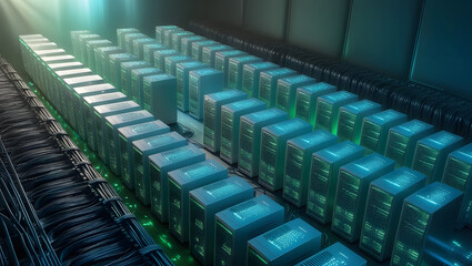 Fototapeta premium Data Center Power: A mesmerizing view of a vast server farm illuminated by a soft, green glow. Cables snake through the rows of servers.