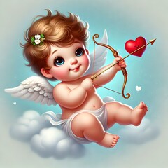 Obraz premium Cupid aiming a heart-tipped arrow from a cloud