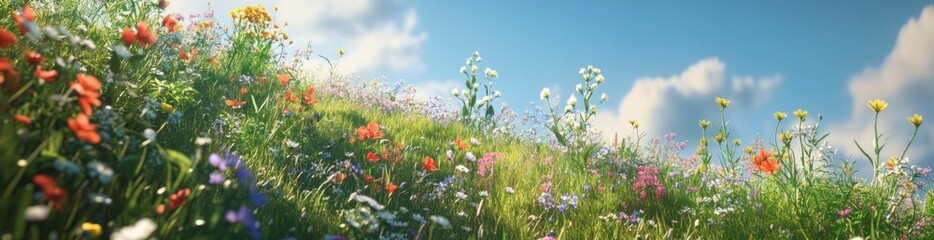A vibrant field of wildflowers under a clear blue sky, showcasing nature's beauty.