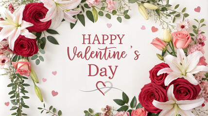 Valentine’s Day card with red roses and pink flowers