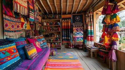 Fototapeta premium indigenous homestay, Vibrant Homestay Interior Showcasing Indigenous Textiles and Artistry, Celebrating Culture, Comfort, and Community Atmosphere in a Colorful Setting