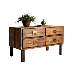 vintage chest of drawers made of reclaimed wood with brass handles with transparent PNG