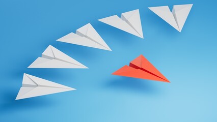 Different business concept.new ideas. paper art style. creative idea.Set of origami planes. Leaderplane concept.3D rendering on blue background.