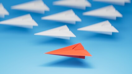 Fototapeta premium Different business concept.new ideas. paper art style.Leaderplane concept with red paper plane leading among white planes.3D rendering on blue background.