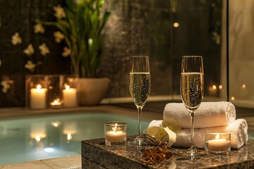 Experience a lavish weekend retreat with a luxurious spa ambiance featuring plush robes, aromatic candles, and sparkling champagne flutes for ultimate relaxation.