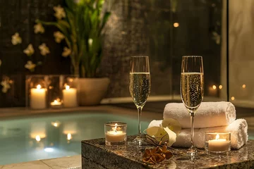 Fototapeten Experience a lavish weekend retreat with a luxurious spa ambiance featuring plush robes, aromatic candles, and sparkling champagne flutes for ultimate relaxation. © ckybe