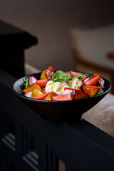 Tasty and juicy salads with sauces