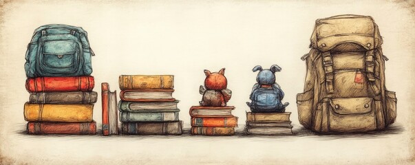 Fototapeta premium A whimsical illustration of backpacks, books, and cute animal figures, evoking a sense of adventure.