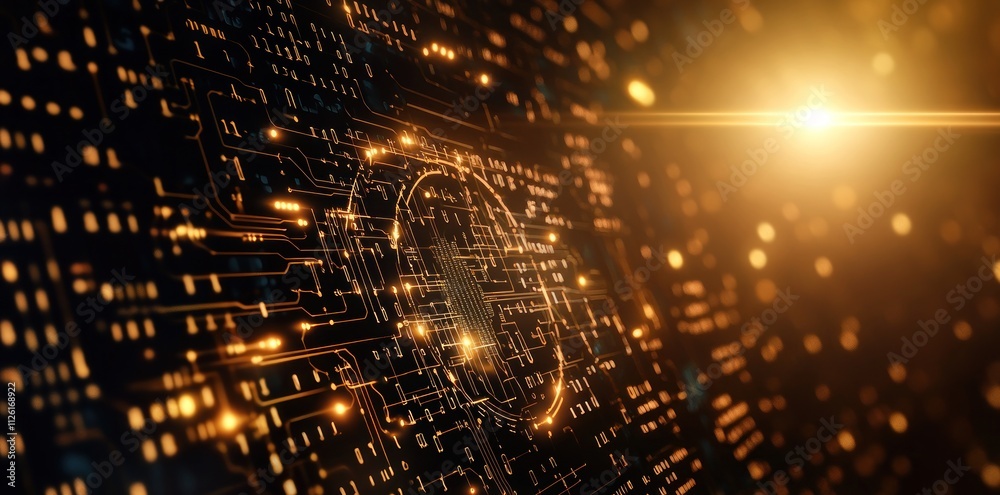 Poster abstract digital circuit with glowing elements, representing technology and innovation.