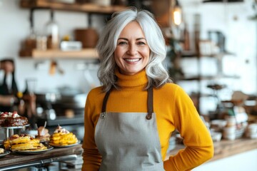 Portrait happy middle aged female smiling small business owner posing near her food truck , isolated on white background,  , copy space, copy space for text,