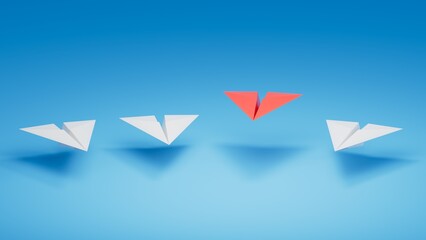 Different business concept.new ideas. paper art style. creative idea.fleet of origami paper planes. Teamwork concept.3D rendering on blue background.