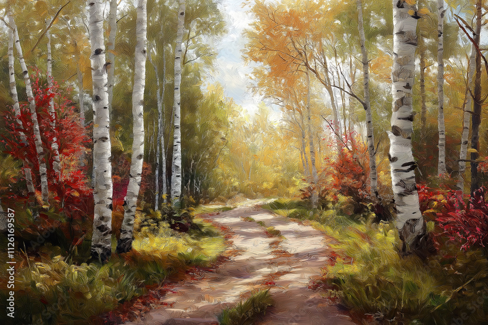 Poster a calm forest path surrounded by tall, slender birch trees with white bark.
