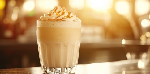 A frothy coffee drink topped with whipped cream and caramel, illuminated by sunset.