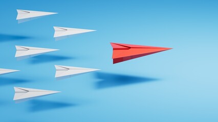 Row of paper planes. Business concept of creative innovation and leader plane. Flat lay red origami leader plane ahead of group white planes. Corporate strategy and successful solution.