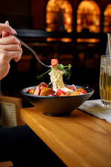 Tasty and juicy salads with sauces