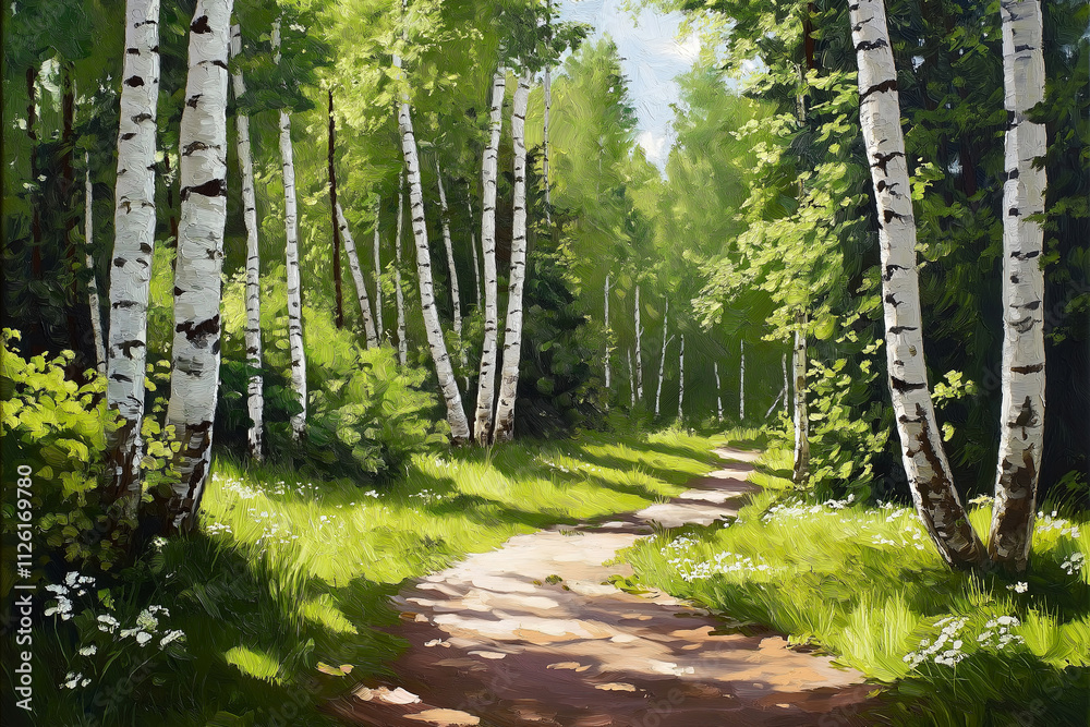 Poster a calm forest path surrounded by tall, slender birch trees with white bark.
