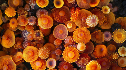 A top view of the golden gills and spores on orange mushroom caps, creating an abstract pattern.  Made by AI