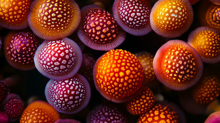 Top view of an extreme close-up photograph of highly detailed brown and orange mushrooms growing in dense clusters.  Made by AI