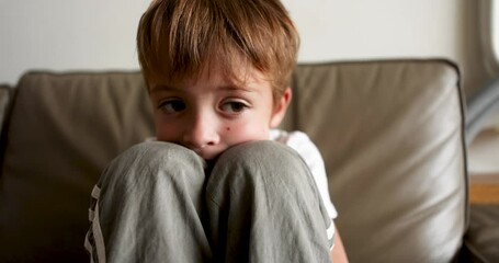Real time handheld shot of cute little boy in home clothes looking around while sitting all alone on comfortable sofa and leaning chin on knees while embracing legs and waiting at home soft daylight