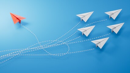 Individuality concept. Individual and unique leader red paper plane flies to the side. 3D illustration.3D rendering on blue background.