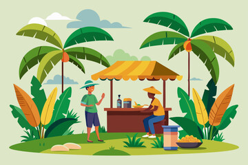 In the field a tea stall and a small hat in front banana tree