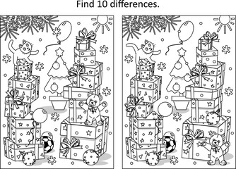 Fototapeta premium Difference game with plenty of presents, cat and teddy bear. Christmas, New Year, winter holidays. Coloring page. 