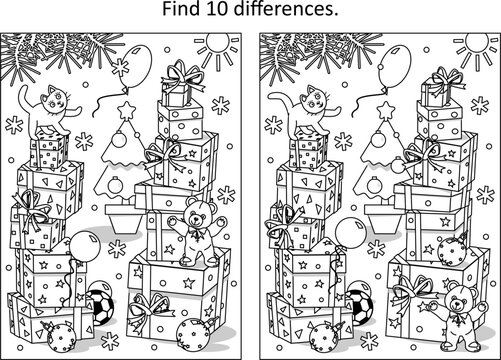 Difference game with plenty of presents, cat and teddy bear. Christmas, New Year, winter holidays. Coloring page.
