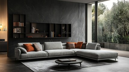 Modern living room with grey sectional sofa, pillows, rug, and bookshelf.