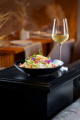 Tasty and juicy salads with sauces