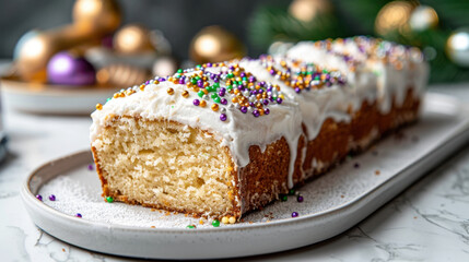 A festive Mardi Gras loaf cake topped with white icing and colorful sprinkles, set on a marble platter, perfect for celebrations and parties.
