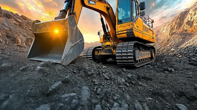 A heavy-duty excavator operates in a rugged landscape, digging into the earth as the sun sets, casting golden hues across the rocky terrain and clouds.