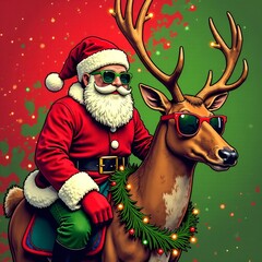 Psychedelic Christmas art with santa claus and reindeer. Funny Christmas Pop Art with xmas characters. New year greeting brochure poster cover in trendy hippie y2k style. Fun weird holiday card.