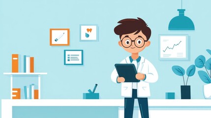 Young Man in Lab Coat Holding Tablet in Modern Medical Office