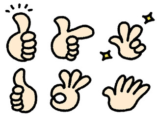 手描きの色々なハンドサインのセット　いいね　指差し　OK