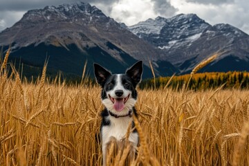 A happy dog in a wheat field with mountains in the background under a cloudy sky.
