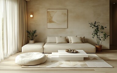 Minimalist beige living room interior with sofa, plants, and decor.