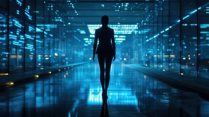 Silhouette of a Woman in a Futuristic Data Center