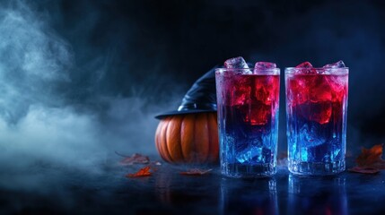 Two colorful drinks with ice, set against a Halloween-themed backdrop with a pumpkin.