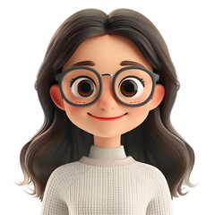 3D cartoon character of a smiling Korean girl with glasses and wavy hair.