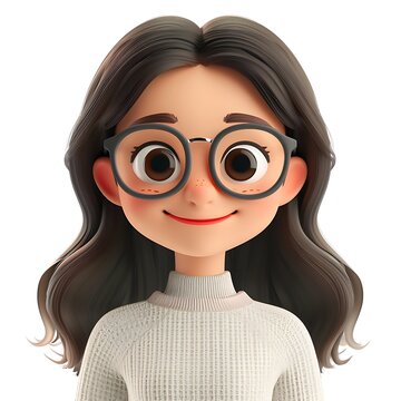 3D cartoon character of a smiling Korean girl with glasses and wavy hair.