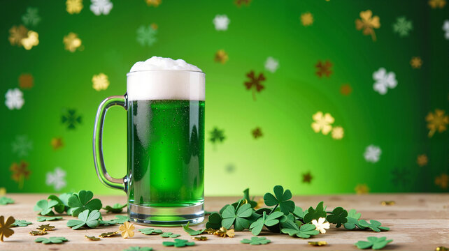 Green beer mug with clovers on St. Patrick's Day theme