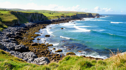 Scenic Irish coastline with rugged cliffs