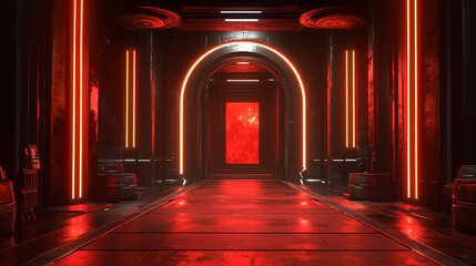 Futuristic red-lit corridor with glowing neon archways, industrial textures, and a mysterious glowing doorway