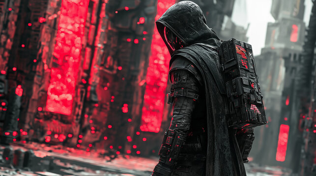 A futuristic cloaked figure in a dystopian neon-lit cityscape, surrounded by glowing red panels and technology